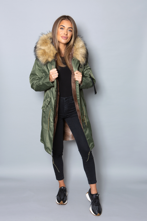 Womens Real Look Faux Fur Collar Parka Jacket with Natural Faux Fur Lining 3/4