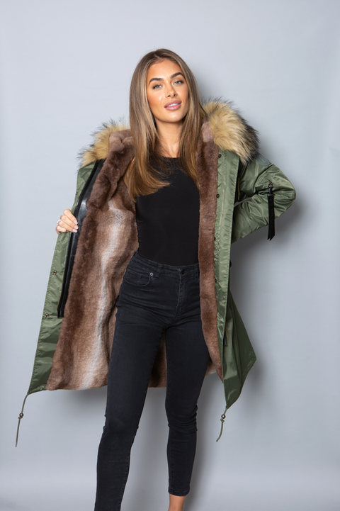 Sale Womens Real Look Faux Fur Collar Parka Jacket with Natural Faux Fur Lining 3/4
