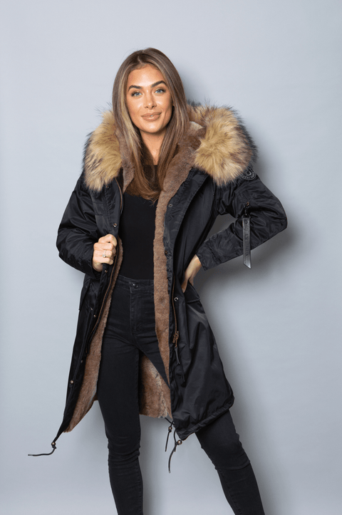 Womens Real Look Faux Fur Collar Parka Jacket with Natural Faux Fur Lining 3/4