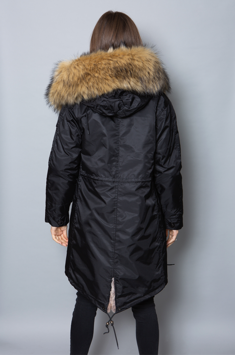 Womens Real Look Faux Fur Collar Parka Jacket with Natural Faux Fur Lining 3/4