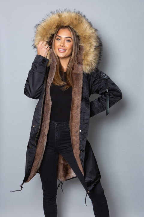 Womens Real Look Faux Fur Collar Parka Jacket with Natural Faux Fur Lining  3/4