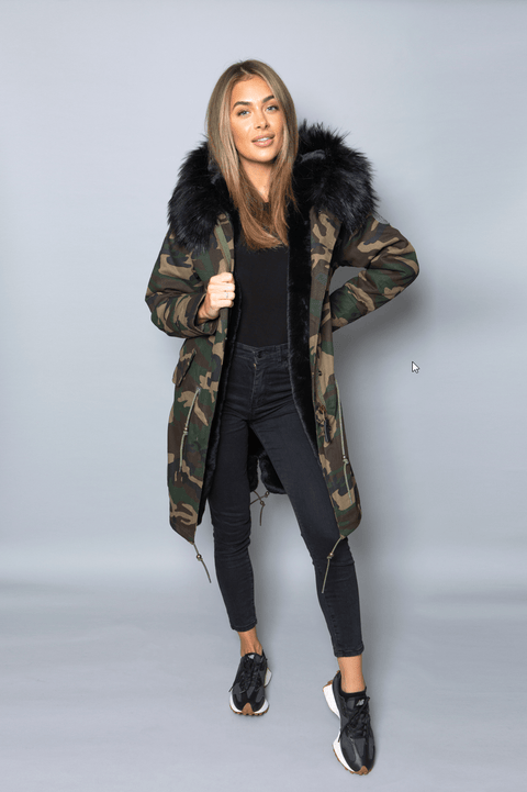 Womens Real Look Faux Fur Collar Parka Jacket with Black Faux Fur Lining 3/4